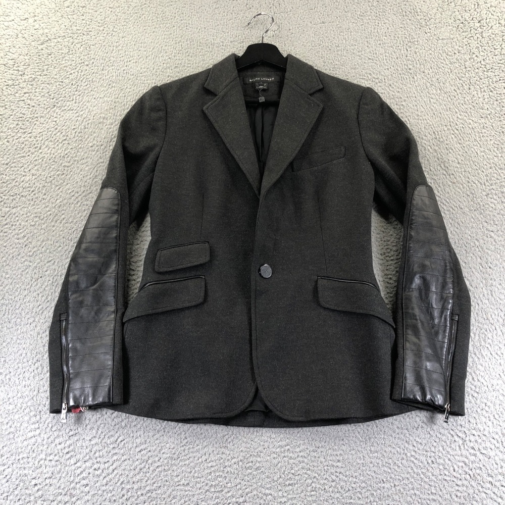 Ralph Lauren Black Label Blazer Womens 8 Black Wool Leather Patch Silk Lining